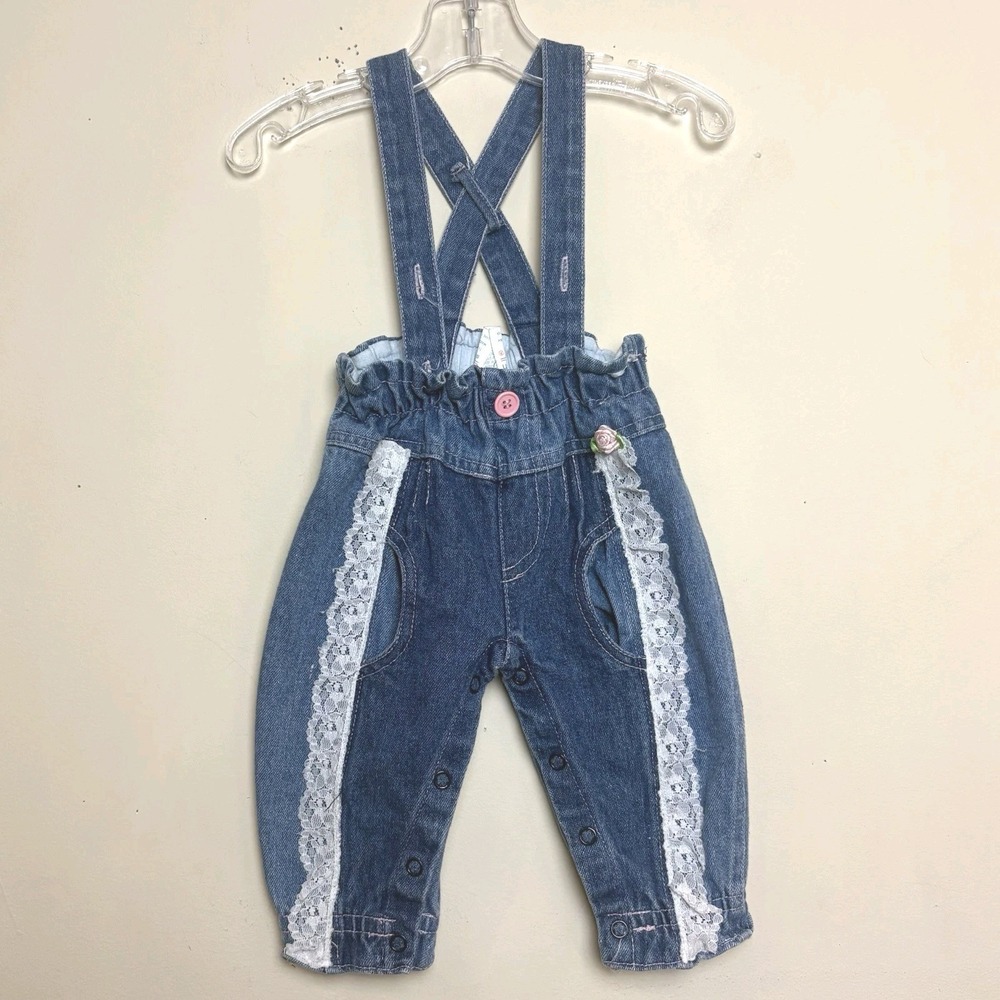 Vintage Hopscotch Blue Denim Lace Overall Snap Romper Suspender Pants 0-6 Months